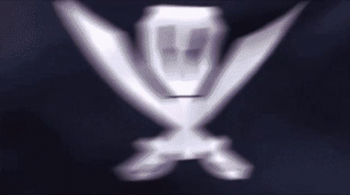 A Close Up Of A Skull And Crossed Swords On A Dark Background GIF