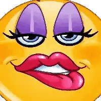 A Close Up Of A Smiley Face With Purple Eyes And Red Lips GIF