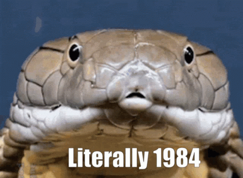 A Close Up Of A Snake 'S Face With The Words Literally 1984 Below It GIF