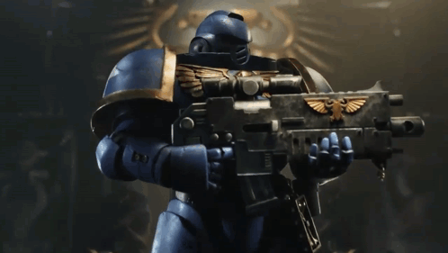 A Close Up Of A Soldier Holding A Gun With A Gold Eagle On It GIF