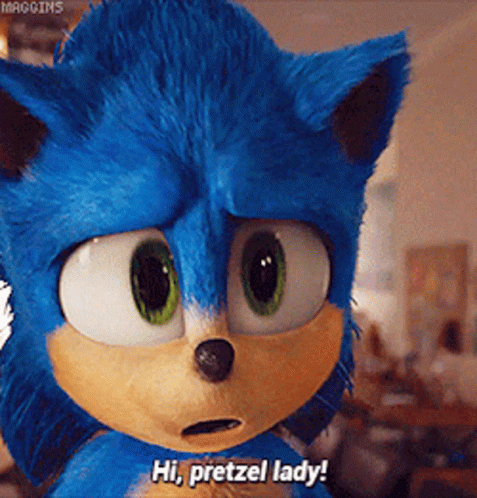 A Close Up Of A Sonic The Hedgehog Saying " Hi Pretzel Lady " GIF