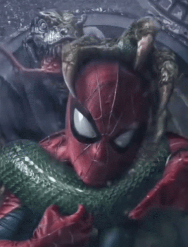 A Close Up Of A Spider Man Holding A Snake In His Hands GIF