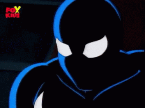 A Close Up Of A Spiderman Cartoon Character In A Black And Blue Suit . GIF