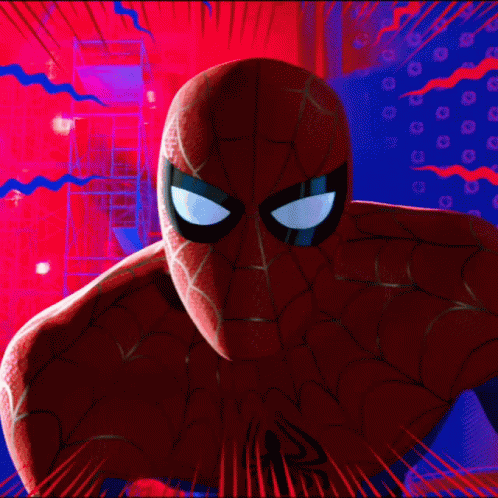 A Close Up Of A Spiderman 'S Face With A Red Background GIF
