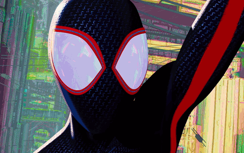 A Close Up Of A Spiderman 'S Face With A Red Stripe On The Sleeve GIF
