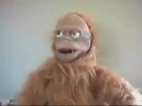 A Close Up Of A Stuffed Animal With A Beard And Big Blue Eyes . GIF