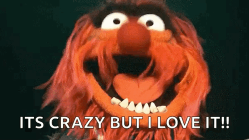 A Close Up Of A Stuffed Animal With Its Mouth Open And The Words `` Its Crazy But I Love It '' . GIF