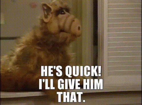 A Close Up Of A Stuffed Animal With The Words He 'S Quick I 'Ll Give Him That Written Below It GIF