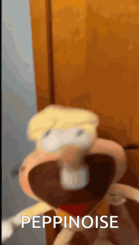 A Close Up Of A Stuffed Animal With The Words Peppinoise Written Below It GIF