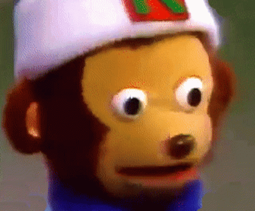 A Close Up Of A Stuffed Monkey Wearing A Hat With The Letter N On It GIF