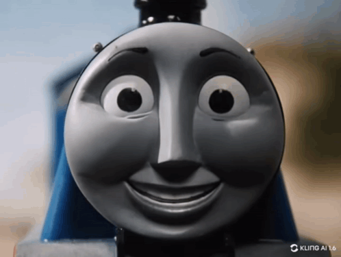 A Close Up Of A Thomas The Tank Engine 'S Face With A Kling Ai Logo In The Corner GIF