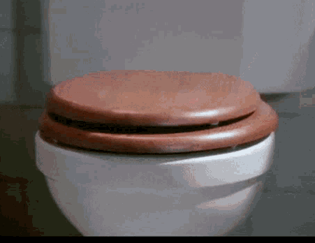 A Close Up Of A Toilet With A Wooden Seat . GIF