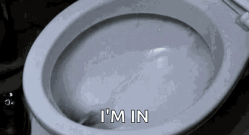 A Close Up Of A Toilet With Water Coming Out Of It And The Words `` I 'M In '' Written On It . GIF