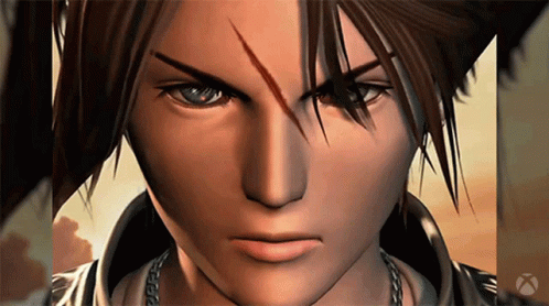 A Close Up Of A Video Game Character 'S Face With The Xbox Logo In The Background GIF