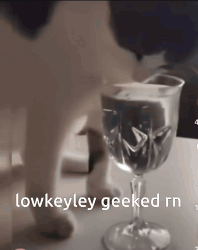 A Close Up Of A Wine Glass With The Words Lowkeyley Geeked Rn Below It GIF