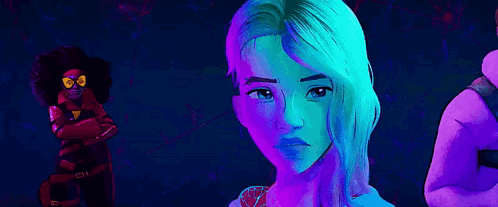 A Close Up Of A Woman 'S Face In A Cartoon With A Purple Background . GIF