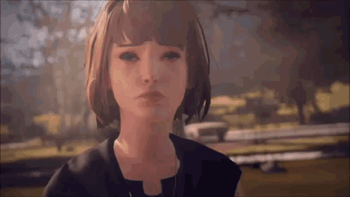 a close up of a woman 's face in a video game with a blurred background .