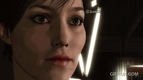A Close Up Of A Woman 'S Face In A Video Game With A Dance Button In The Corner GIF