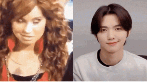 A Close Up Of A Woman 'S Face Next To A Close Up Of A Boy 'S Face GIF