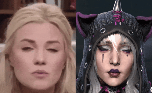 A Close Up Of A Woman 'S Face Next To A Close Up Of A Woman 'S Face In A Cat Costume GIF