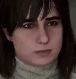 a close up of a woman 's face wearing a turtleneck and looking at the camera .