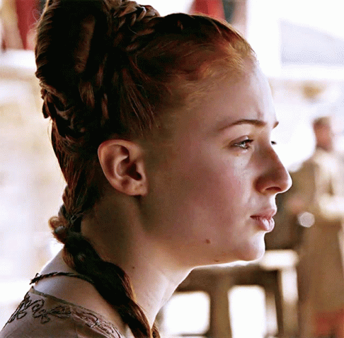 A Close Up Of A Woman 'S Face With A Braided Hairstyle GIF