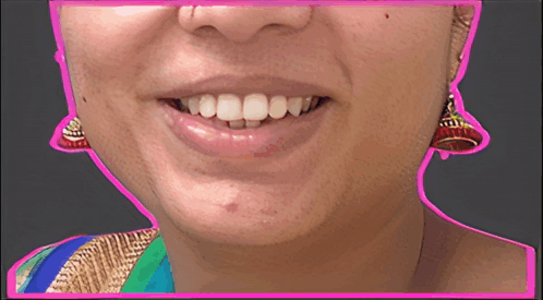 A Close Up Of A Woman 'S Face With A Pink Border Around Her Mouth GIF