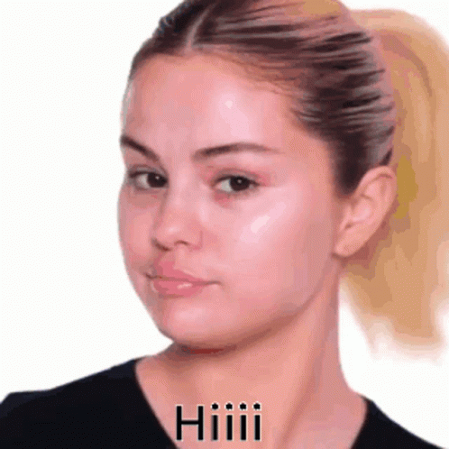 A Close Up Of A Woman 'S Face With A Ponytail And The Word Hi Written On It GIF