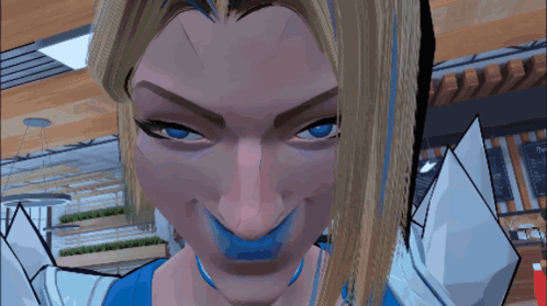 A Close Up Of A Woman 'S Face With A Sign In The Background That Says ' Pur ' GIF