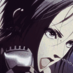 A Close Up Of A Woman 'S Face With A Sword In Her Mouth . GIF