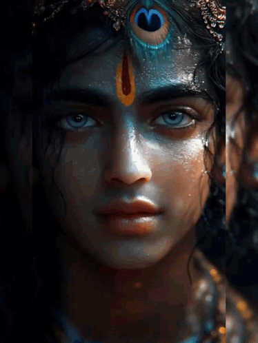 A Close Up Of A Woman 'S Face With Blue Eyes And A Crown On Her Head GIF
