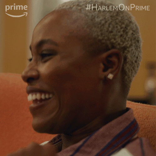 A Close Up Of A Woman 'S Face With #Harlemonprime Written Above Her GIF