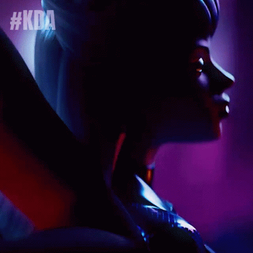 A Close Up Of A Woman 'S Face With #Kda Written On The Bottom Right GIF