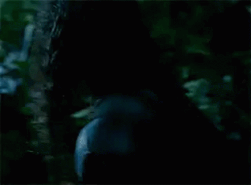 a close up of a woman 's face with long hair in the woods .