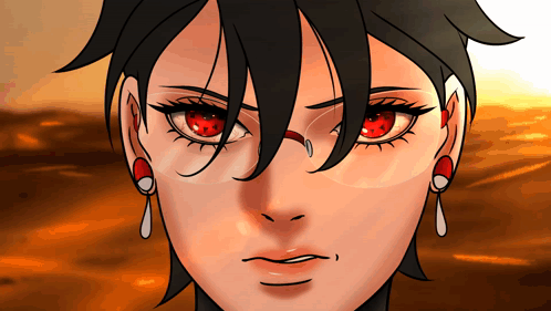 A Close Up Of A Woman 'S Face With Red Eyes And Earrings GIF