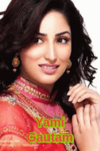 A Close Up Of A Woman 'S Face With The Name Yami Gautam In Green GIF