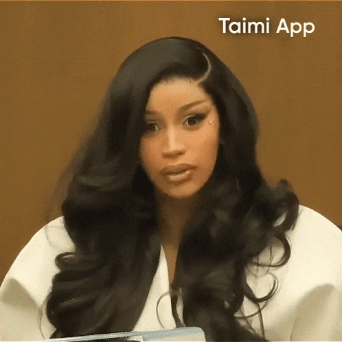 A Close Up Of A Woman 'S Face With The Taimi App On The Bottom Right GIF
