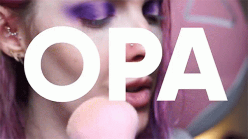 A Close Up Of A Woman 'S Face With The Word Opa In White GIF