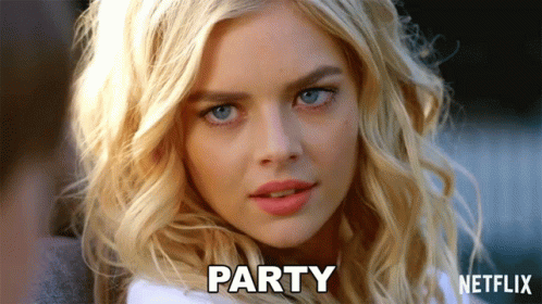 A Close Up Of A Woman 'S Face With The Word Party Written On It GIF