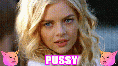 A Close Up Of A Woman 'S Face With The Word Pussy In Pink Letters GIF