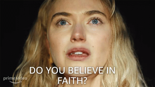 A Close Up Of A Woman 'S Face With The Words Do You Believe In Faith Above Her GIF