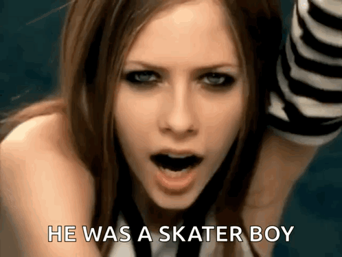 A Close Up Of A Woman 'S Face With The Words He Was A Skater Boy Below Her GIF