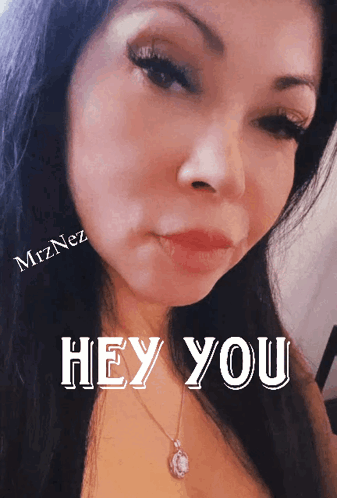 A Close Up Of A Woman 'S Face With The Words Hey You On The Bottom GIF