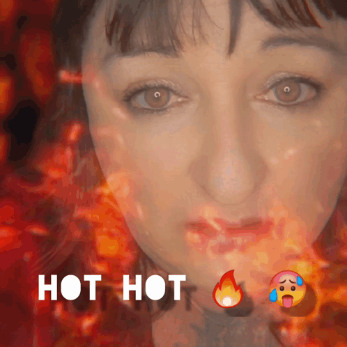 A Close Up Of A Woman 'S Face With The Words Hot Hot Written Below It GIF