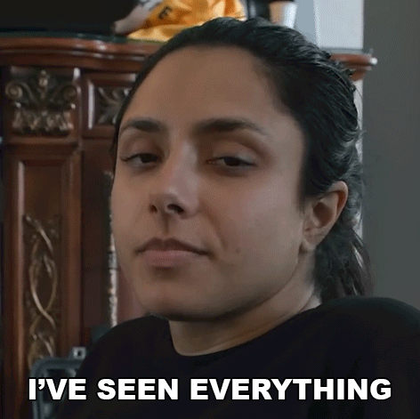 A Close Up Of A Woman 'S Face With The Words I 'Ve Seen Everything Above Her GIF