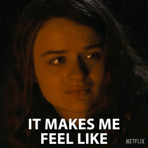 A Close Up Of A Woman 'S Face With The Words " It Makes Me Feel Like " On The Bottom GIF