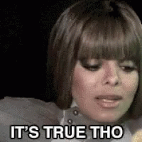 A Close Up Of A Woman 'S Face With The Words `` It 'S True Tho '' Written Next To Her . GIF