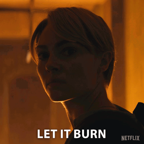 A Close Up Of A Woman 'S Face With The Words Let It Burn Written Below Her GIF