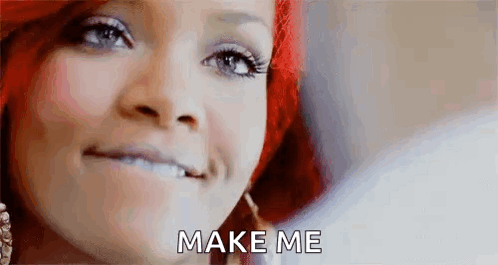 A Close Up Of A Woman 'S Face With The Words `` Make Me '' Written Next To Her . GIF