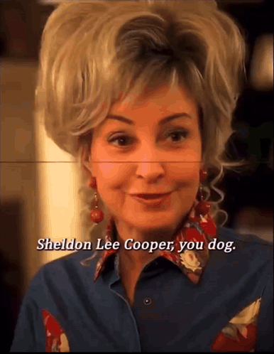 a close up of a woman 's face with the words sheldon lee cooper you dog below her